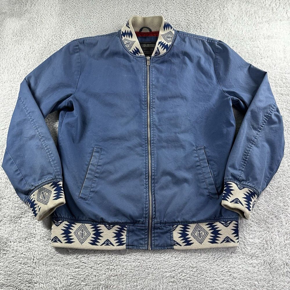 21 Men Bomber Jacket XL Blue Chambray Denim Biker Grunge Aztec Pattern